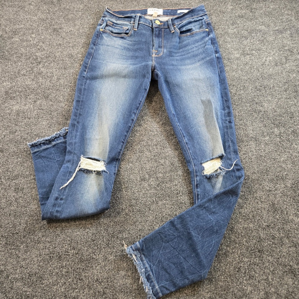 Frame Denim Le Skinny de Jeanne Blue Distressed Raw Hem Jeans Size 27 CleanGirl